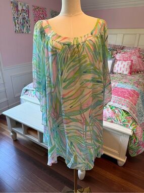 Pastel Tropical Print Sheer Tunic Top - Pink, Green, Blue
